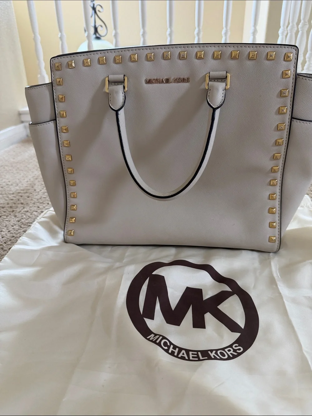 Michael Kors Gold-Studded Saffiano Tote in Light Cream